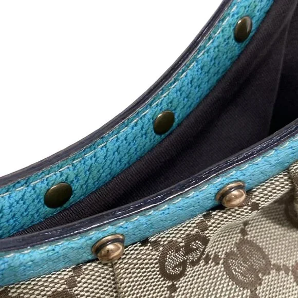 GUCCI GG/Bamboo Beige Light Blue Jacquard Leather Handbag 525-060625